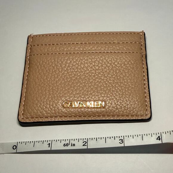 💳 NWOT Leather Wallet : Calvin Klein Beige Tan Card Holder Slim Wallet ID Holder - Picture 3 of 4